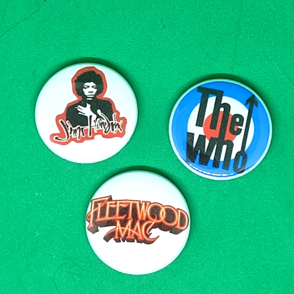 button pins, retro buttons, pinback button, Fleetwood Mac, Jimi Hendrix, The Who